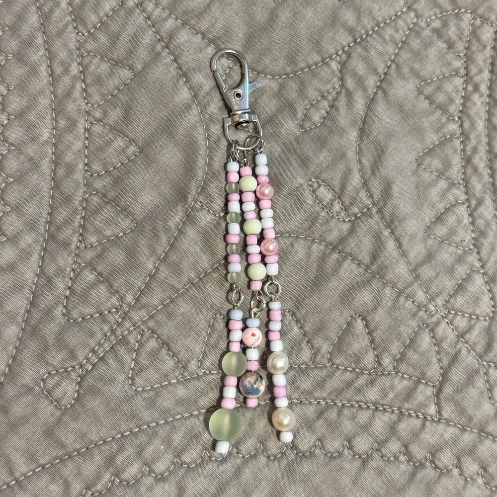 Pastel Boho Beaded Bag Charm Keychain with Real Pearls - Picture 2 of 3